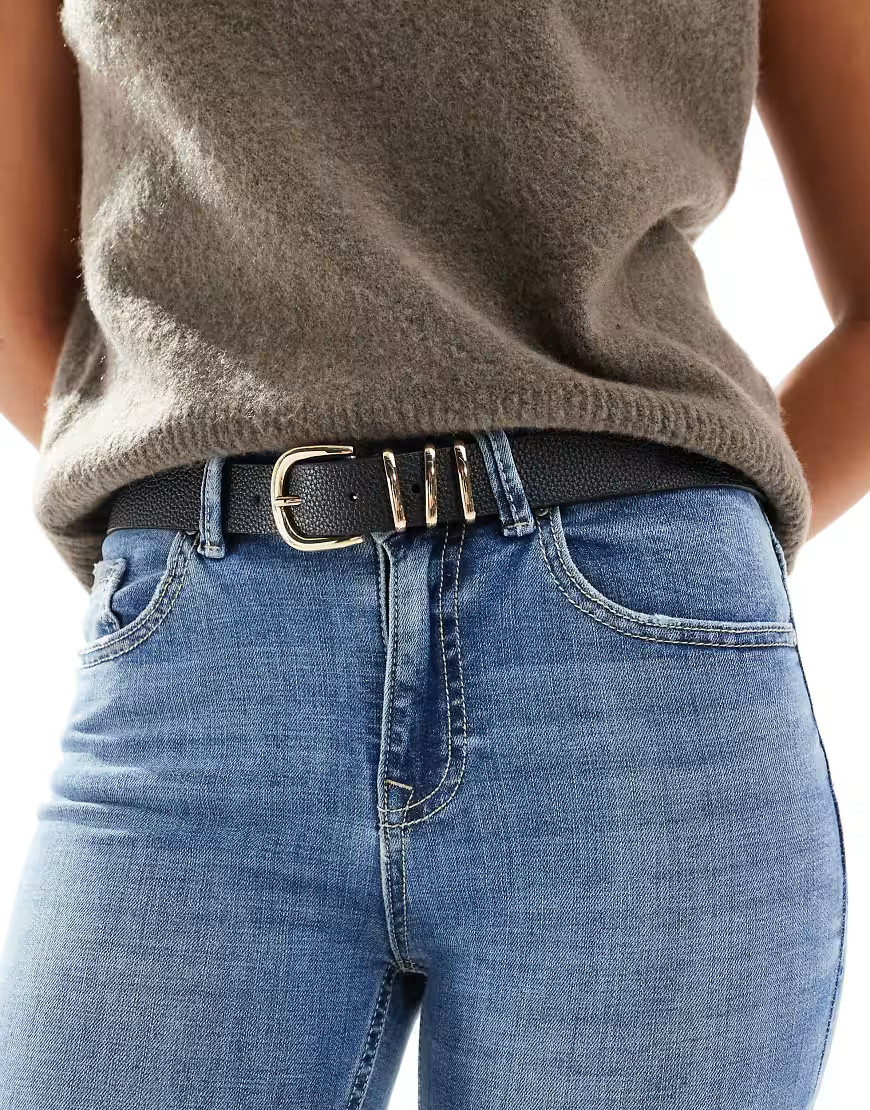 ONLY faux leather jeans belt with gold buckle in black | ASOS (Global)