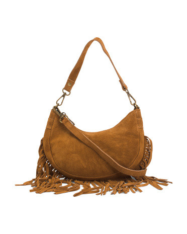 Made In Italy Suede Crescent Shoulder Bag With Fringe | TJ Maxx