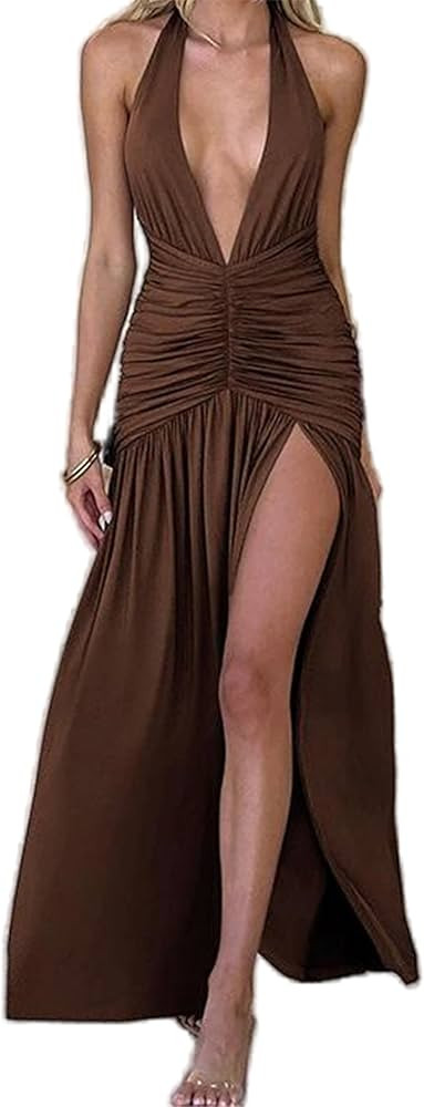 Generic Women's White Animal Print V-Neck Sleeveless Maxi Dress - Perfect for Summer Formal Event... | Amazon (US)