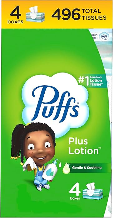 Puffs Plus Lotion Facial Tissues, 4 Family Boxes, 124 tissues per box | Amazon (US)