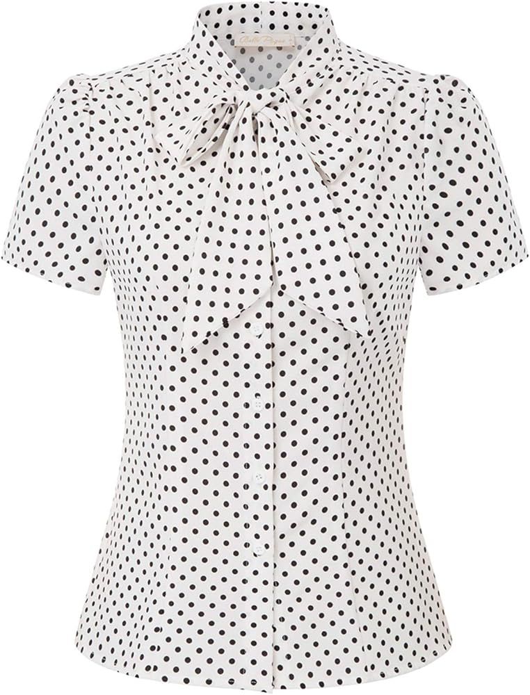 Belle Poque Summer Short Sleeve Office Button Down Blouse Stripe Shirt Tops with Bow Tie BP573 | Amazon (US)