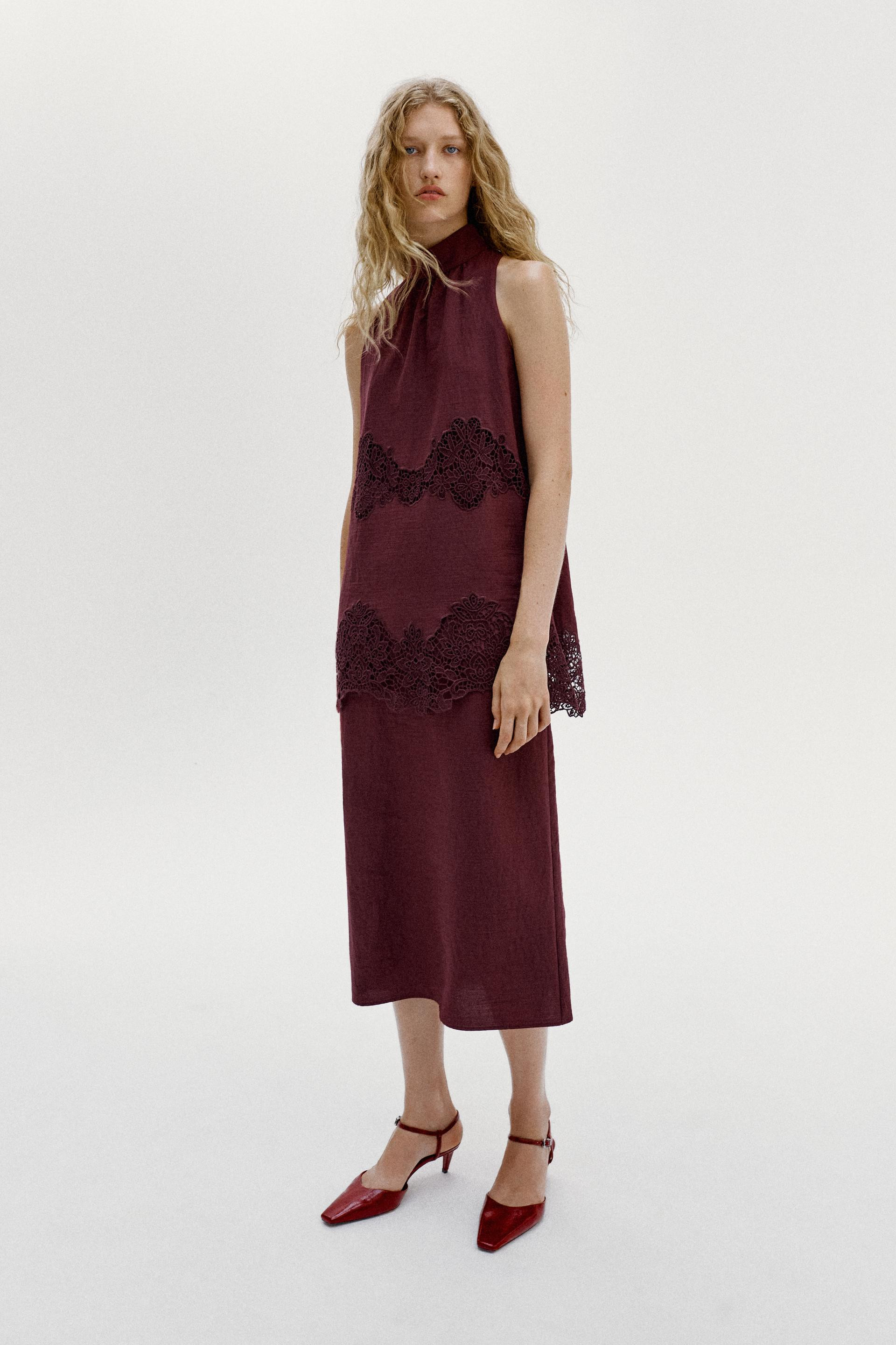 Zara - Embroidered Halter Midi Dress - Maroon - L - Woman | Zara US