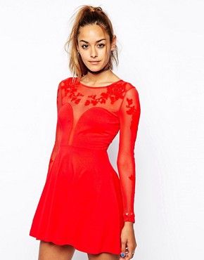 Motel Plunge Skater Dress With Floral Mesh - Red orange | ASOS US