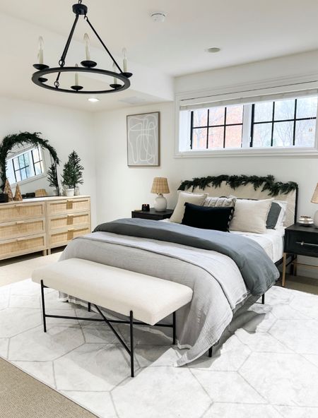 Guest bedroom refresh. Boucle bed. Bed cover. Rattan dresser. Black nightstand. Modern bedroom. Round black chandelier. Arch black mirror. @wayfair #noplacelikeit #wayfair #wayfairfinds #sponsored #LTKCyberweek

#LTKSeasonal #LTKhome