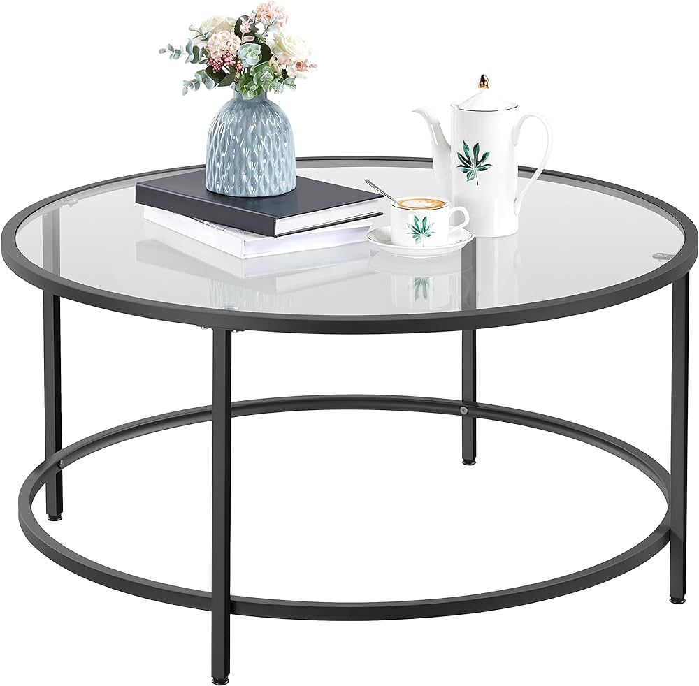 Yaheetech 36" Round Glass Coffee Table, Black Circle Coffee Table Center Table with Glass Top, Sm... | Amazon (US)