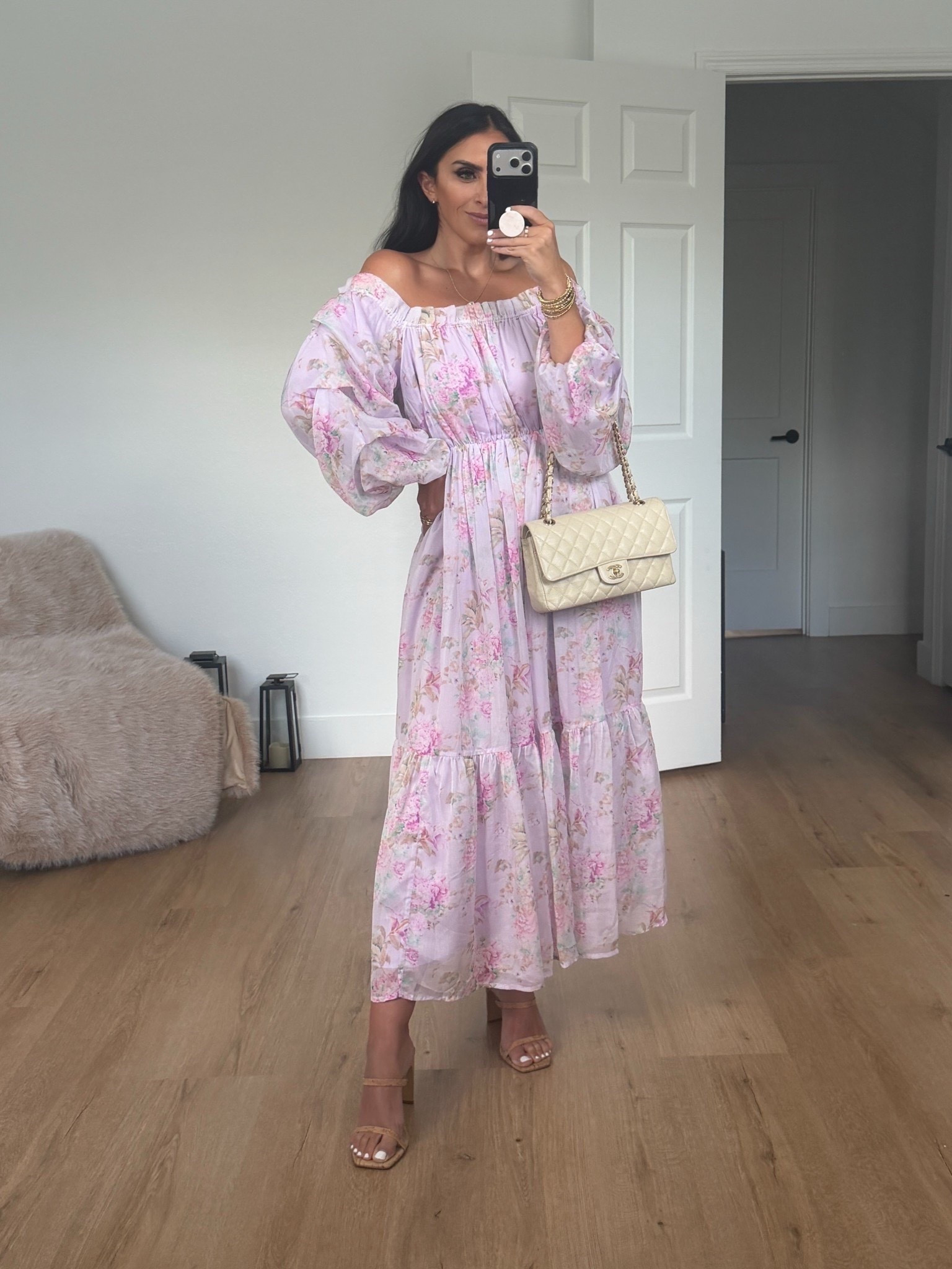 Meadow Floral Off the Shoulder Long Sleeve Maxi Dress wearing size small