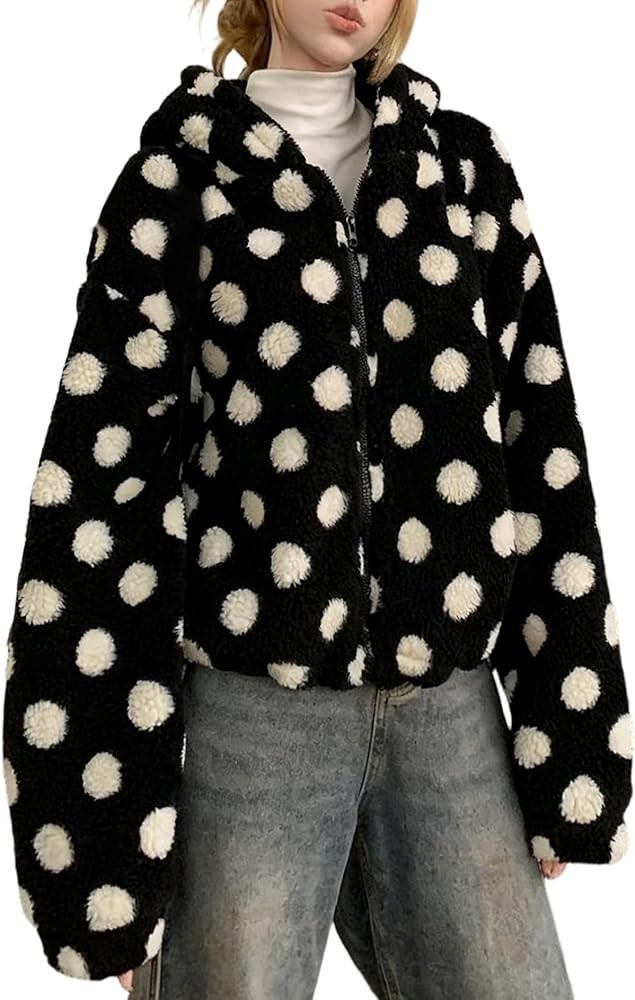 JoinQueen Womens Polka Dot Fleece Jacket Zip Up Oversized Fuzzy Jacket Trendy Bomber Jacket Fall ... | Amazon (US)