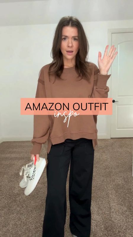 Great Amazon outfit! So comfy! This top would be so cute with biker shorts once it warms up! I am wearing a small top (it’s oversized!) and medium bottoms!
