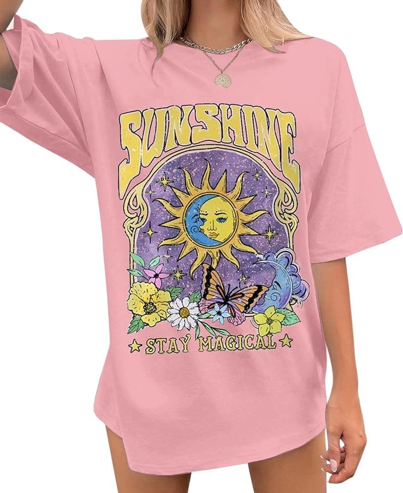 Women Sun and Moon Aesthetic Oversized Graphic Print T-Shirt Top Drop Shoulder Short Sleeve Prepp... | Amazon (US)