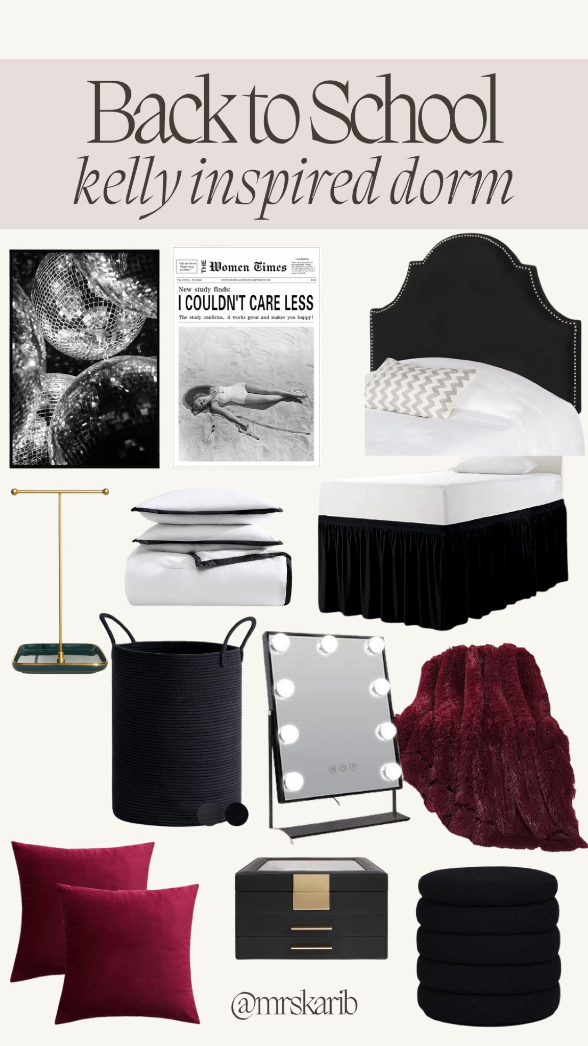 Kelly inspired dorm!

Twin bed - dorm room inspo - vanity mirror - college dorm room - black and white aesthetic - jewelry organizer - throw pillows - college kid


#LTKBacktoSchool #LTKStyleTip #LTKHome