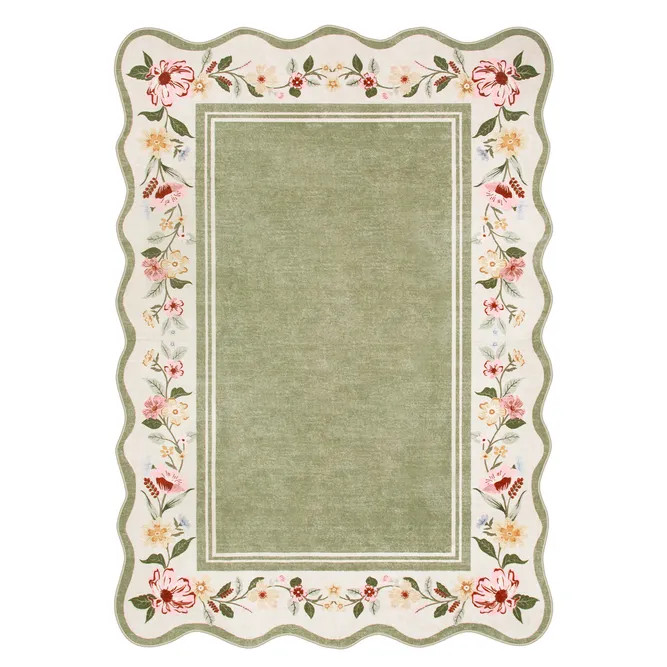Washable Sage Green Floral Scalloped Rug | Ariele Vintage Style - Lahome | Lahome