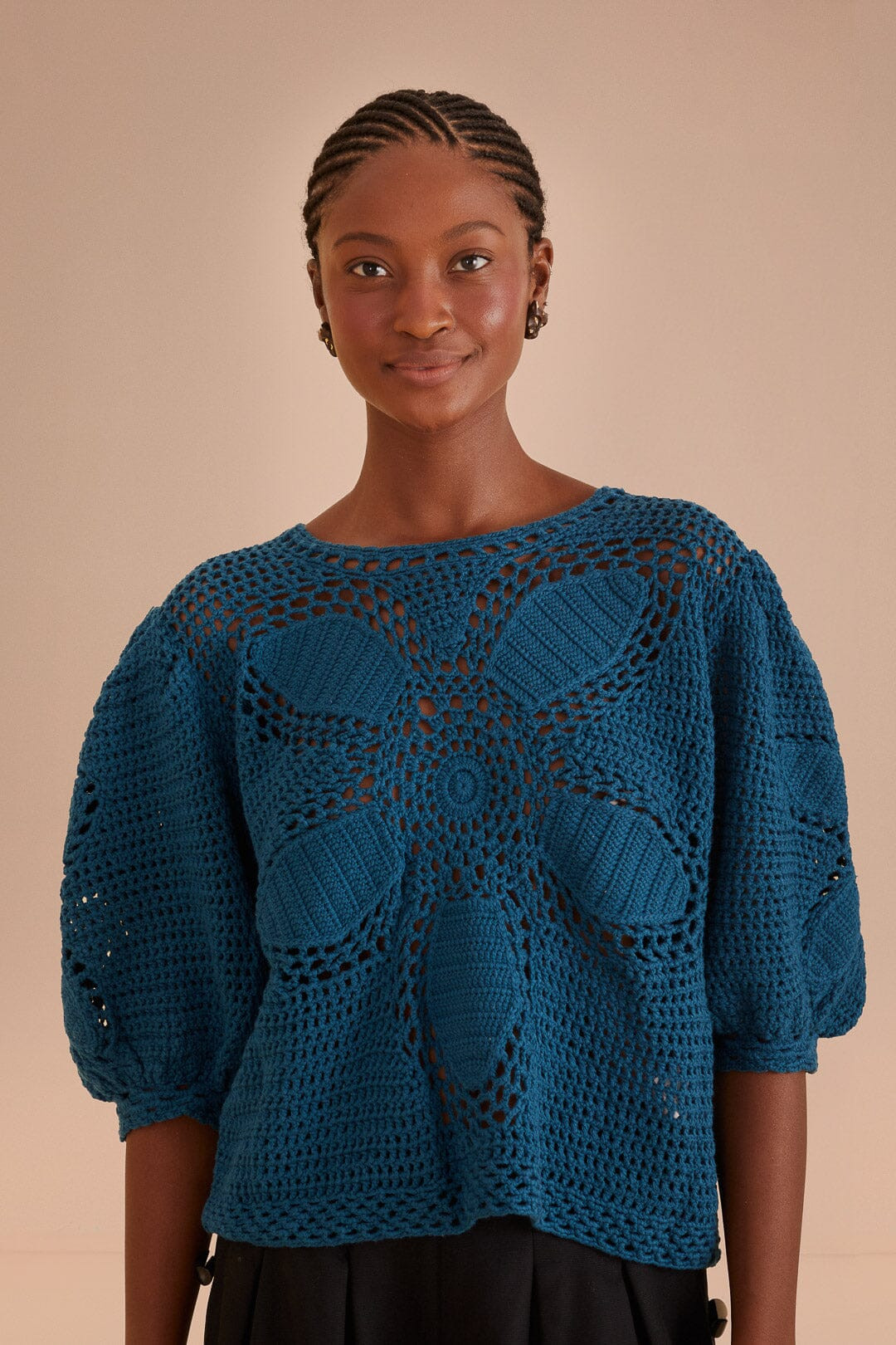 Teal Flower Draw Crochet Blouse | Farm Rio EU