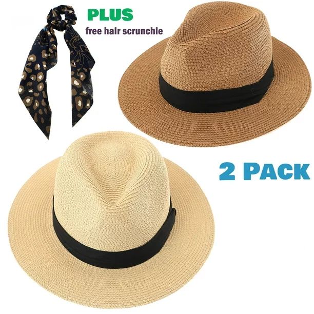 Panama Hat for Women - 2 Pack Wide Brim Straw Hat for Summer Sun Beach Travel, Ivory and Tan Colo... | Walmart (US)