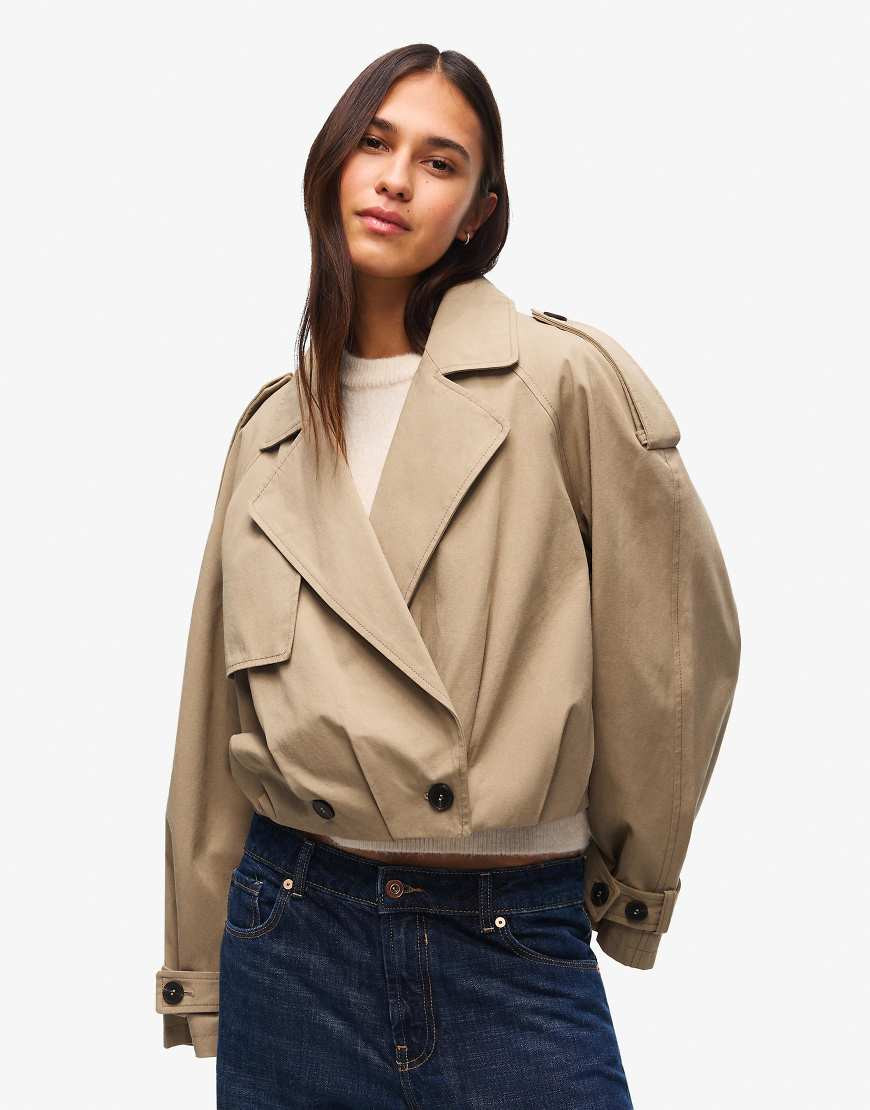 Bershka Short balloon trench jacket in camel-Neutral | ASOS (Global)