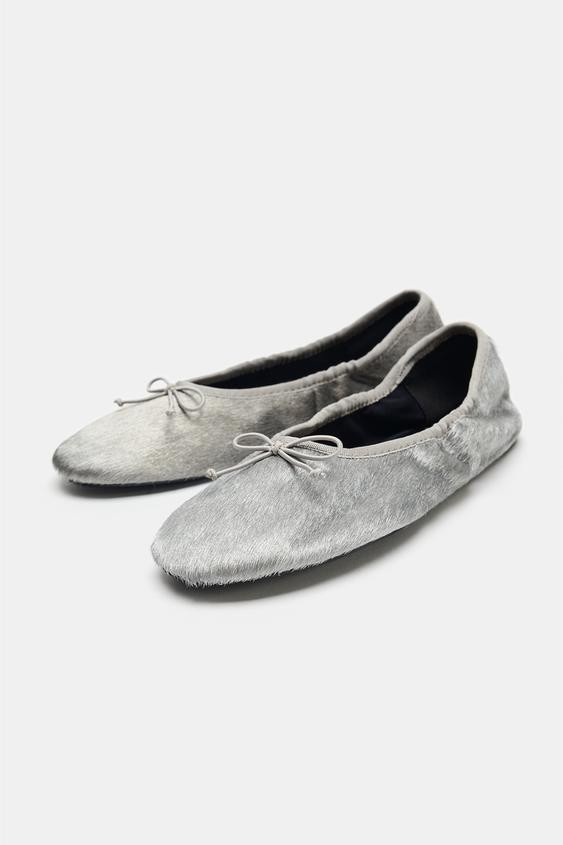 Zara - Fur Leather Ballet Flats - Silver - 7½ - Woman | Zara US
