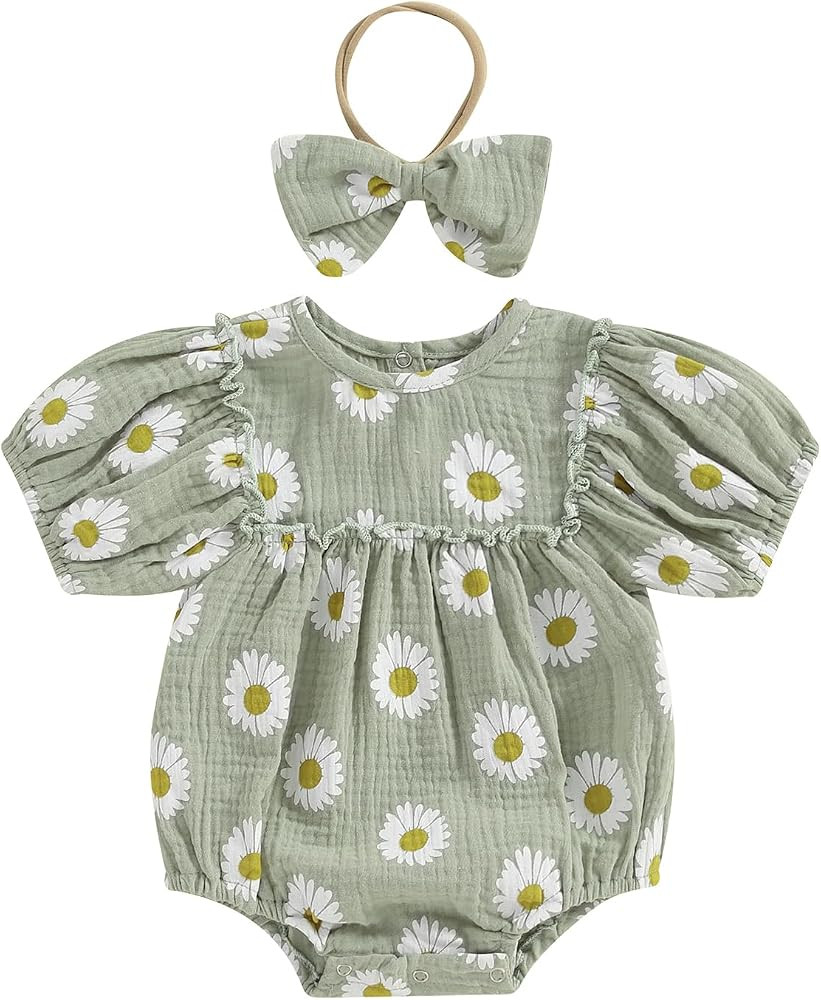 SAYOO Infant Baby Girl Linen Romper Smocked Bubble Bodysuit Frill Trim Ruffle One-Piece Jumpsuit ... | Amazon (US)