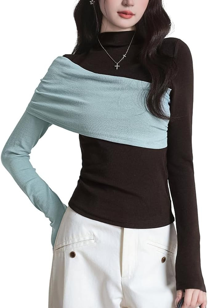 Women's Fall Fashion Long Sleeve Tops Pullover Mock Neck Slim Fit Patchwork Color-Block Design El... | Amazon (US)