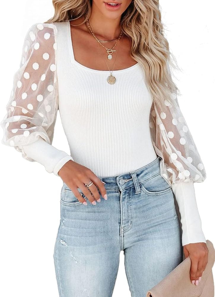 miduo Womens Tops Square Neck Polka Dot Balloon Long Sleeve Top Shirts Slim Knit Ribbed Tops Blou... | Amazon (US)