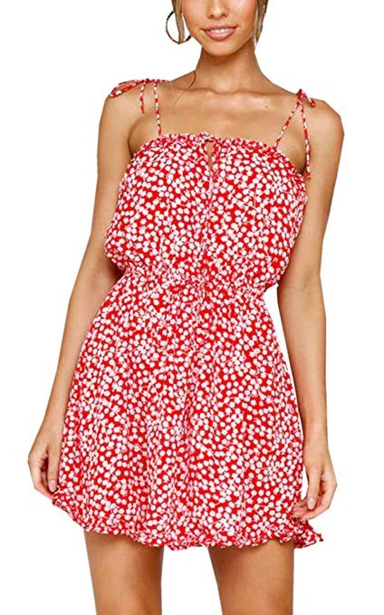 Angashion Women's Dresses - Floral Print Spaghetti Strap Drawstring Backless Swing Ruffles Tie Wa... | Amazon (US)