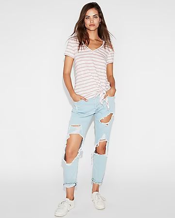 Express One Eleven Striped Tie Front Slim Tee | Express