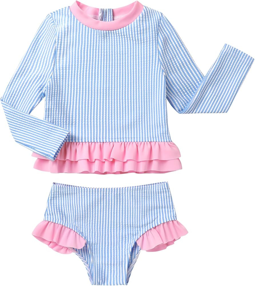 Baby Toddler Girls Swimsuits 2 Piece Long Sleeve Rash Guard Sun Production with Zipper | Amazon (US)