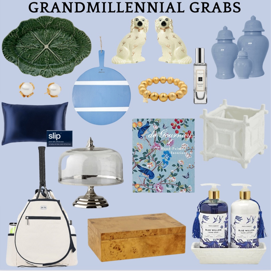 Grandmillennial // cabbage plate // Staffordshire dogs // ginger jars // blue and white // charcuterie board // bracelet // perfume // silk pillowcase // cake stand // coffee table book // faux bamboo cachepot // burl wood box // tennis bag 

#LTKGiftGuide #LTKhome #LTKFind