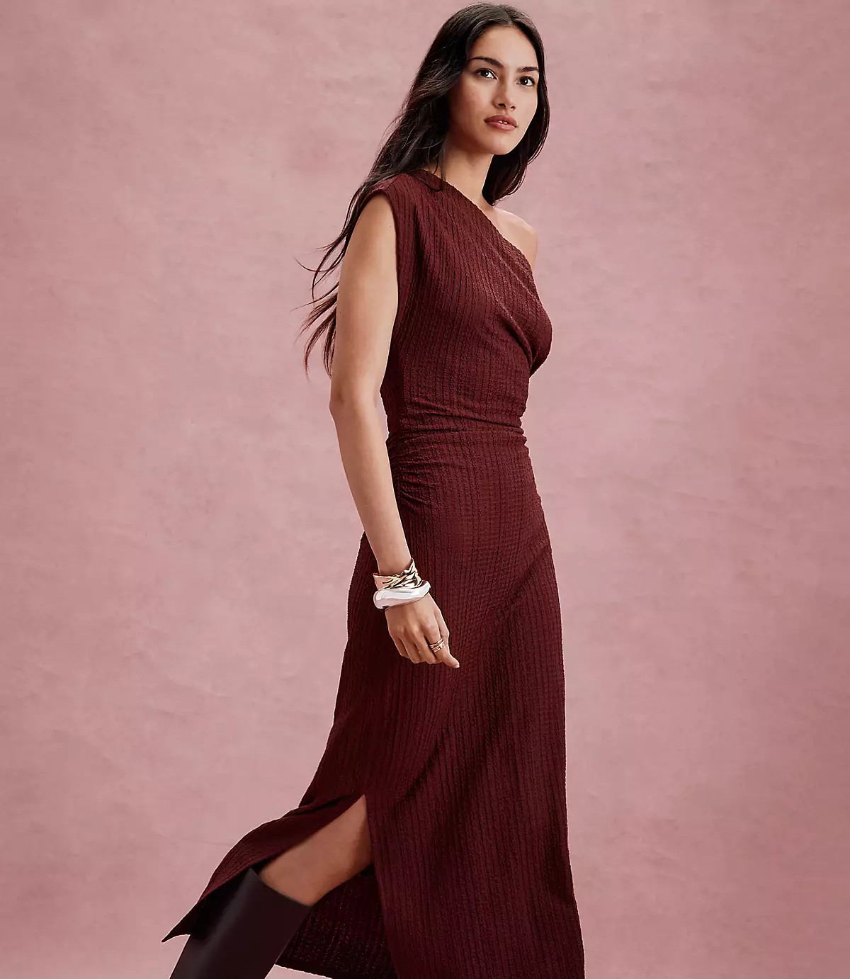 Asymmetrical Ruched Midi Dress | LOFT