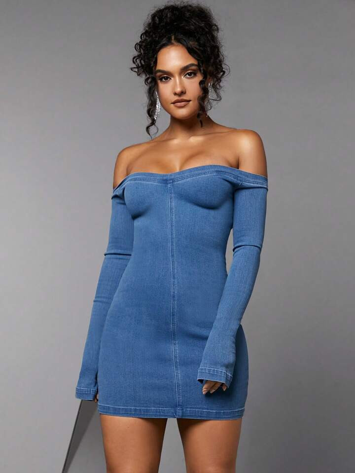 SHEIN BAE Off Shoulder Bodycon Denim Dress | SHEIN