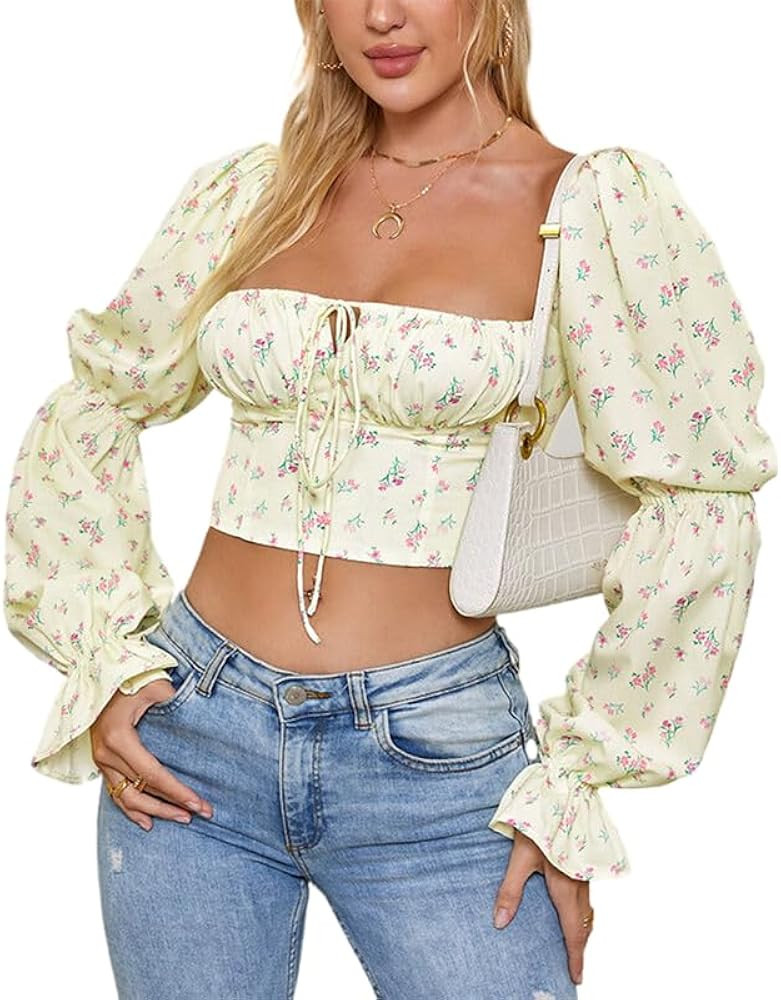 Women's Floral Square Neck Long Sleeve Lace Up Bustier Crop Cropped Top Blouse | Amazon (US)