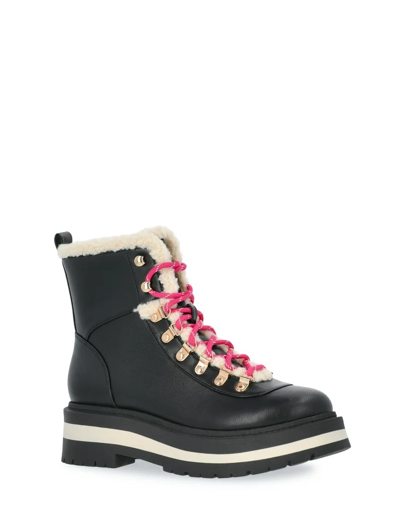 Free Assembly Women's Lace-Up Faux Shearling Booties | Walmart (US)