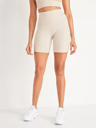 High-Waisted PowerSoft Rib-Knit Side-Pocket Compression Biker Shorts for Women -- 8-inch inseam | Old Navy (US)