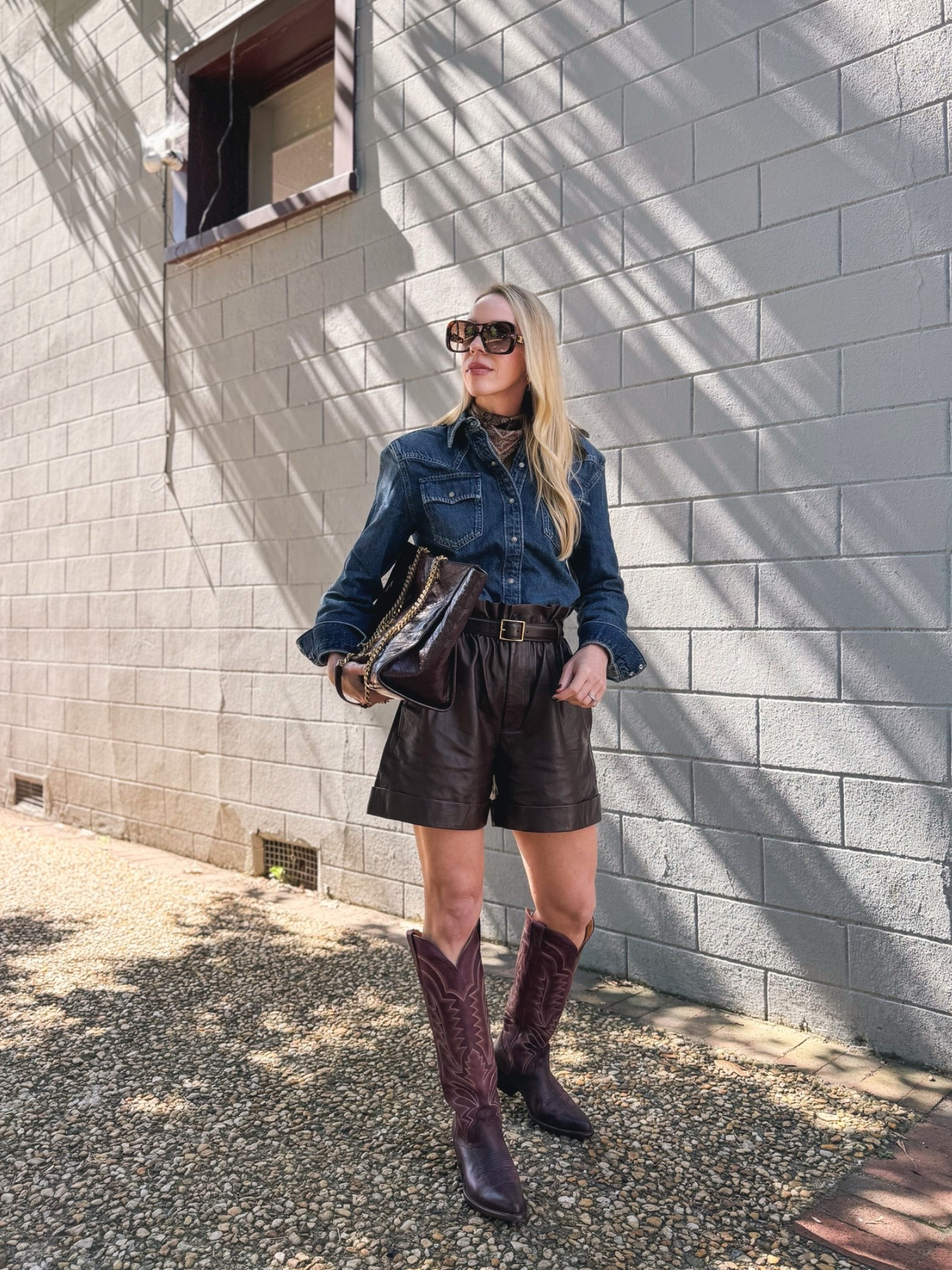 Western chic fall outfit, paisley silk scarf, @levi shoulder pad denim shirt, @Tecovas burgundy cowboy boots

#LTKSeasonal #LTKOver40 #LTKSaleAlert