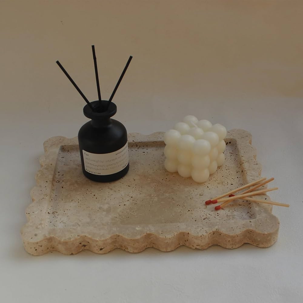 Natural Travertine Tray with Scalloped Edge, Rectangle Vanity Tray 10.8x8 for Bathroom Kitchen Co... | Amazon (US)