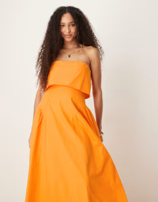 ASOS DESIGN fold over bandeau midi dress with godets in orange | ASOS | ASOS (Global)