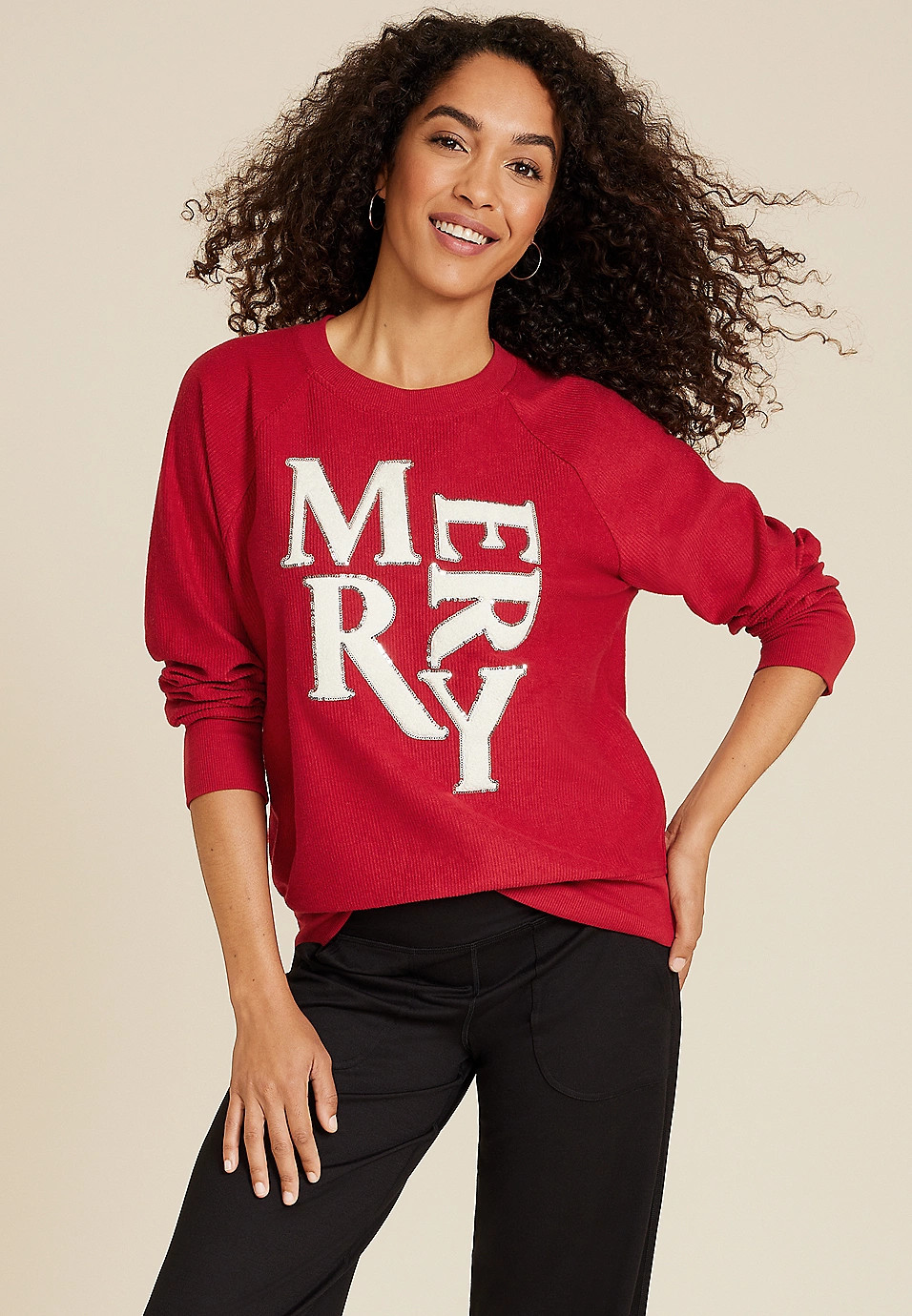 Merry Chenille Sequin Embroidered Relaxed Fit Sweatshirt | Maurices