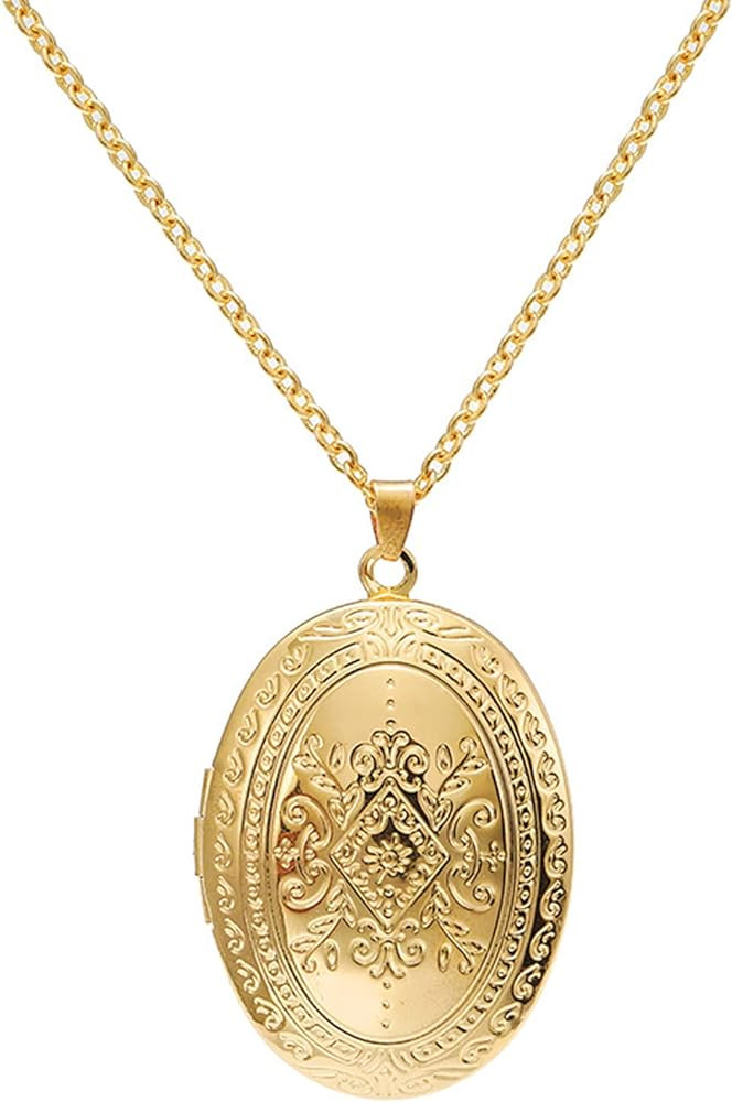 Vintage Engraved Flower Empaistic Photo Locket Hold Picture Oval Round Pendant Necklace Antique C... | Amazon (US)