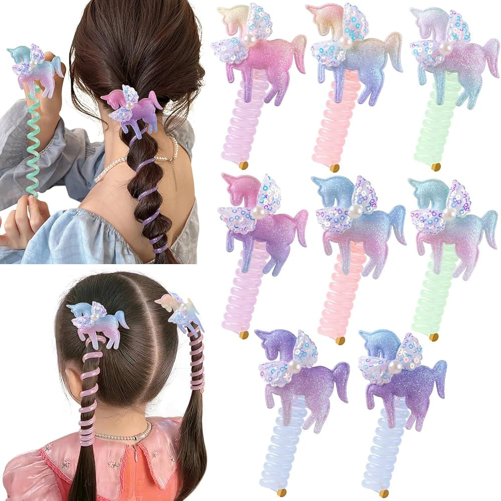 8 Pcs Unicorn Telephone Wire Hair Bands for Kids Girls - Colorful Unicorn Spiral Hair Ties & Brai... | Amazon (US)