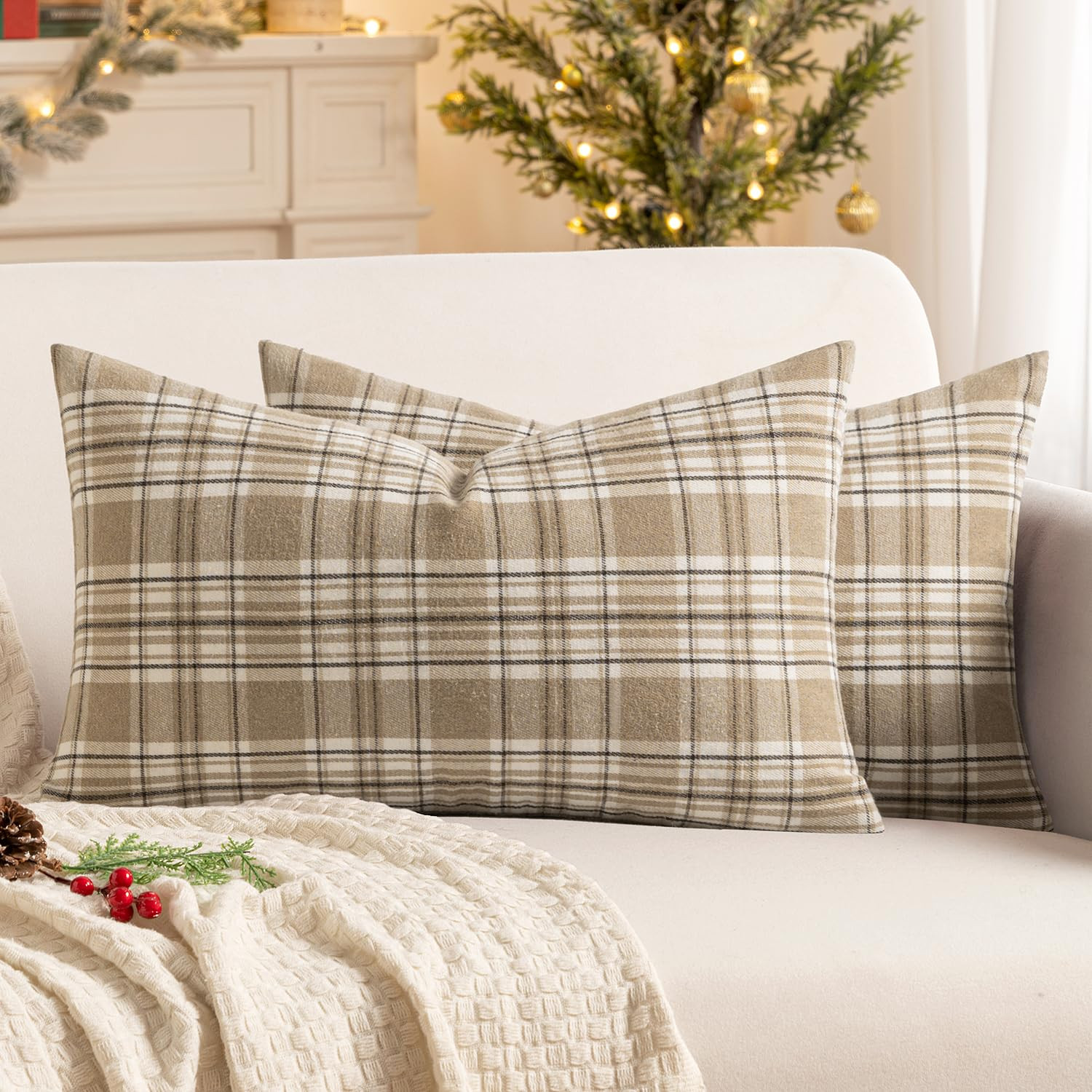MIULEE Fall Set of 2 Scottish Tartan Plaid Lumbar Throw Pillow Covers Farmhouse Classic Decorative Outdoor Square Cushion Cases for Halloween Thanksgiving Decor Sofa Couch 12x20 Inch, Khaki and White | Amazon (US)