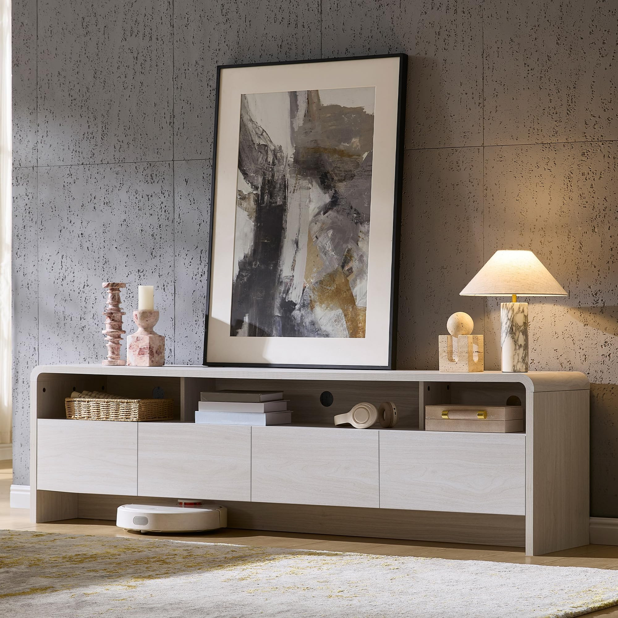 AMERLIFE 70" Modern TV Stand for TVs Up to 80", Wood TV Console with Curved Profile Design & 2 St... | Amazon (US)