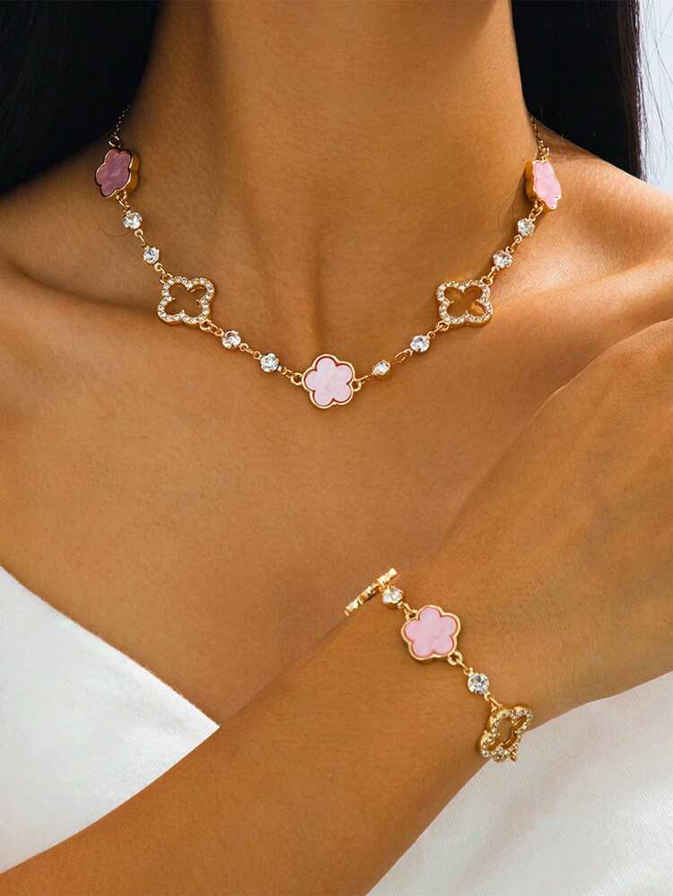 1 Set Romantic, Delicate, Luxurious, Elegant, Sweet, Lucky Hollow Four-Leaf Clover & Five-Leaf Clover Pendant Necklace And Bracelet Jewelry Set For Women | SHEIN
