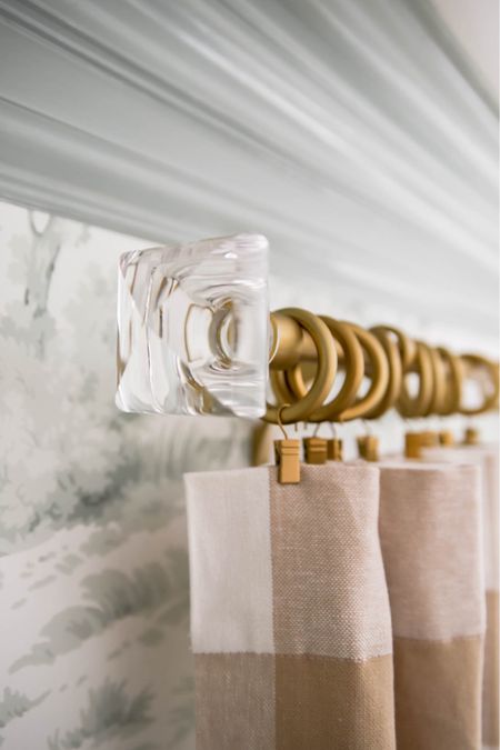 It’s allll about the details in the dining room, including this beautiful square glass finial on the curtain rod! Gingham curtains, toile wallpaper, brass curtain rod.

#LTKHome
