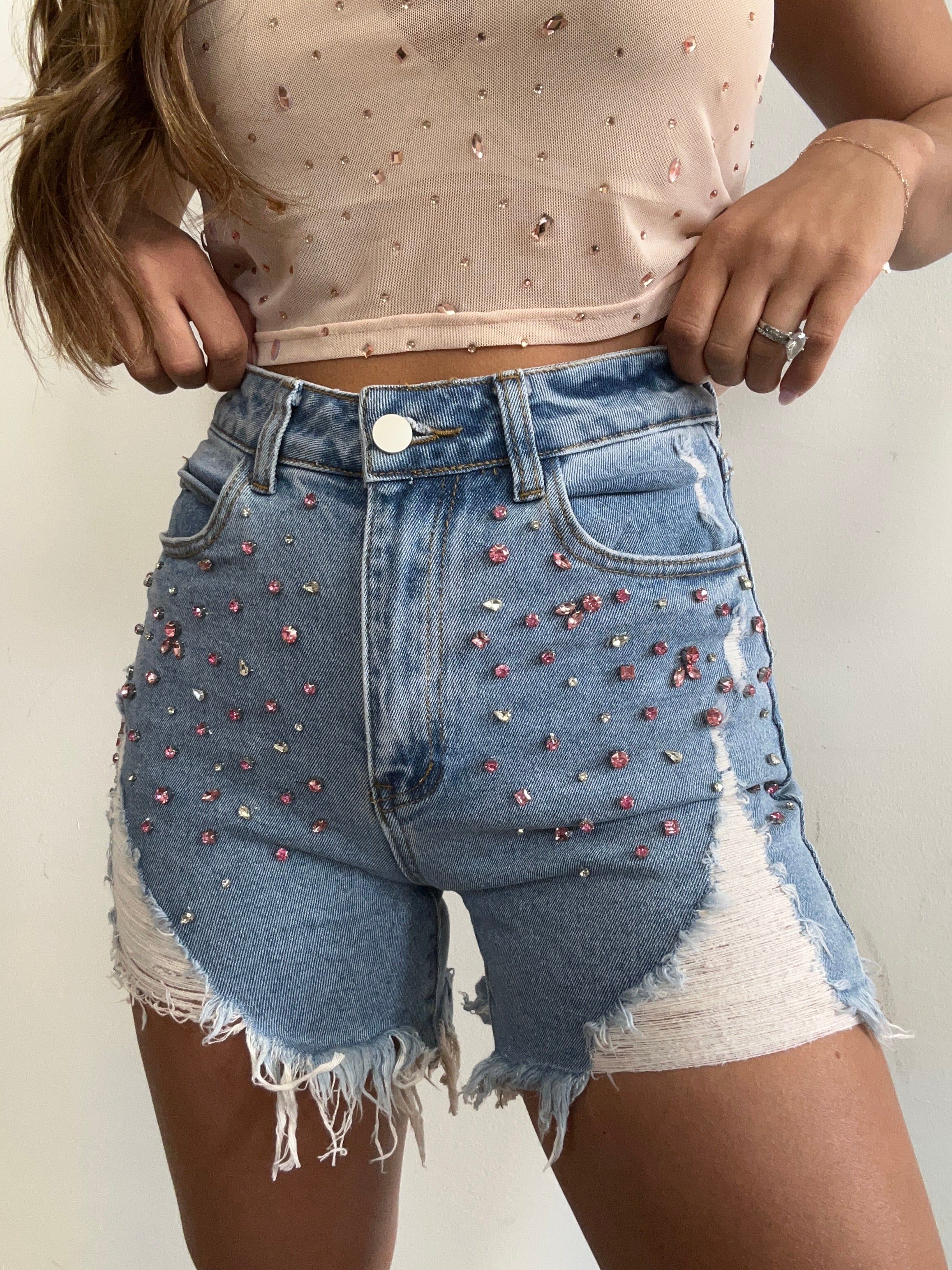 Sprinkled In Rhinestones Distressed Denim Shorts | Willow Boutique