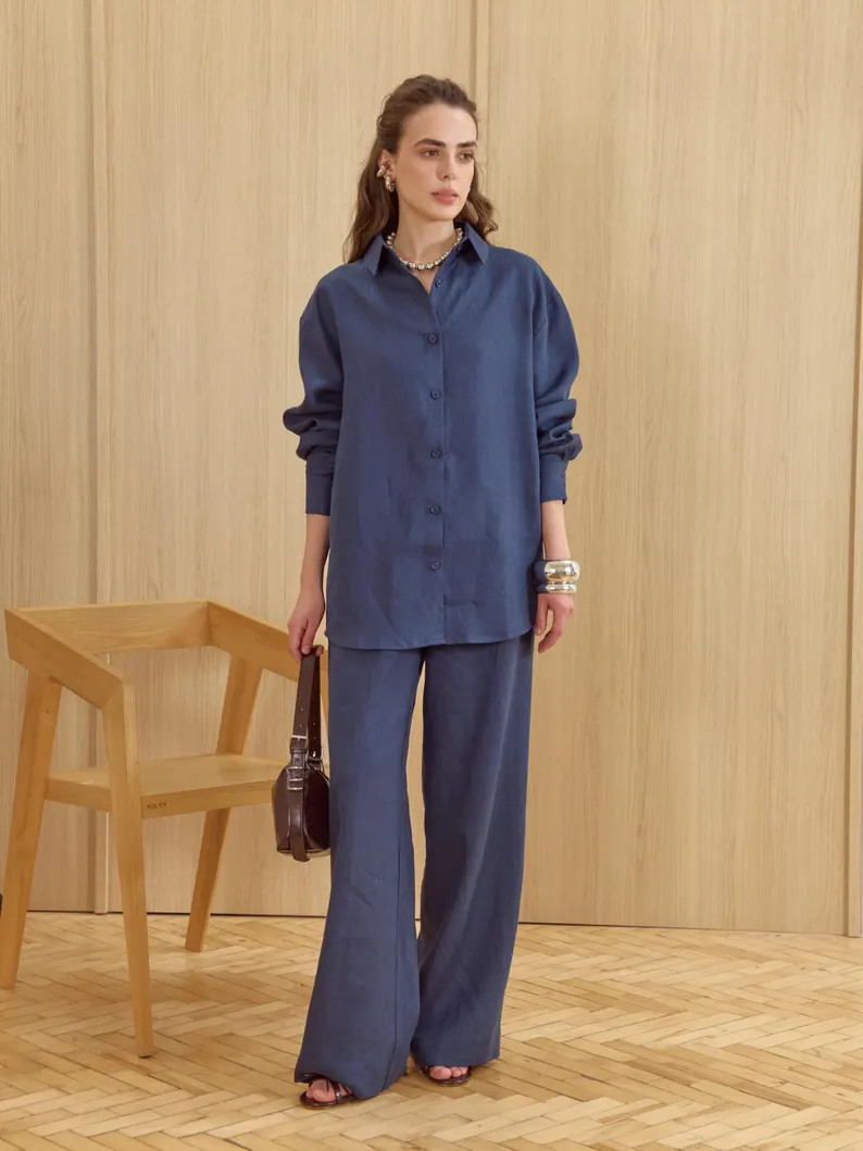 Navy Blue Linen Set for Women, 100% Natural Two Piece Outfit, Relaxed Fit Button-up Shirt and Wid... | Etsy (US)