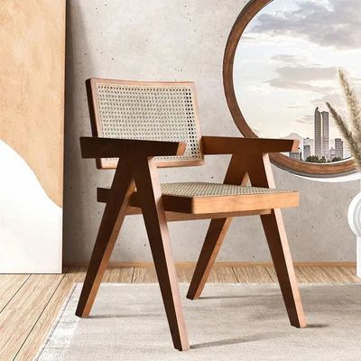 Walnut Japandi Rattan Dining Chair with Solid Wood Frame-Homary | Homary