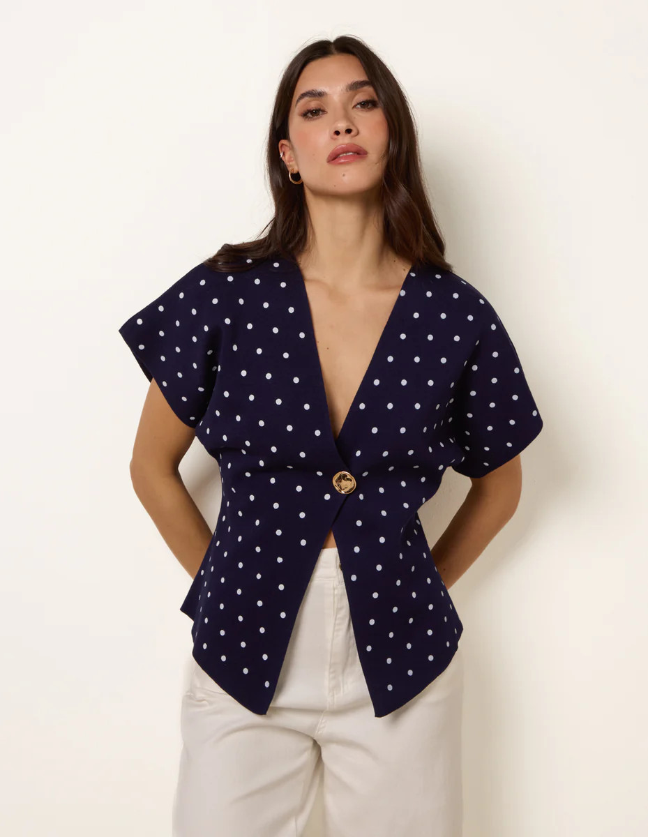 Navy | Polka Dot Short-Sleeve Knit Cardigan Top | Blue Vanilla | Blue Vanilla