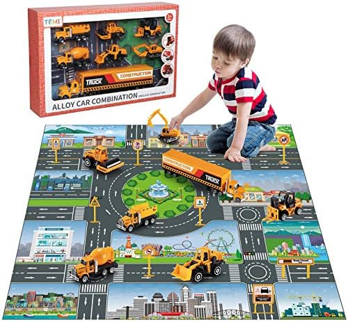 TEMI Diecast Engineering Construction Vehicle Toy Set w/ Play Mat,Truck Carrier,Forklift,Bulldoze... | Amazon (US)