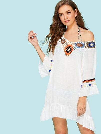 Hollow Out Crochet Panel Pom Pom Cover Up | SHEIN