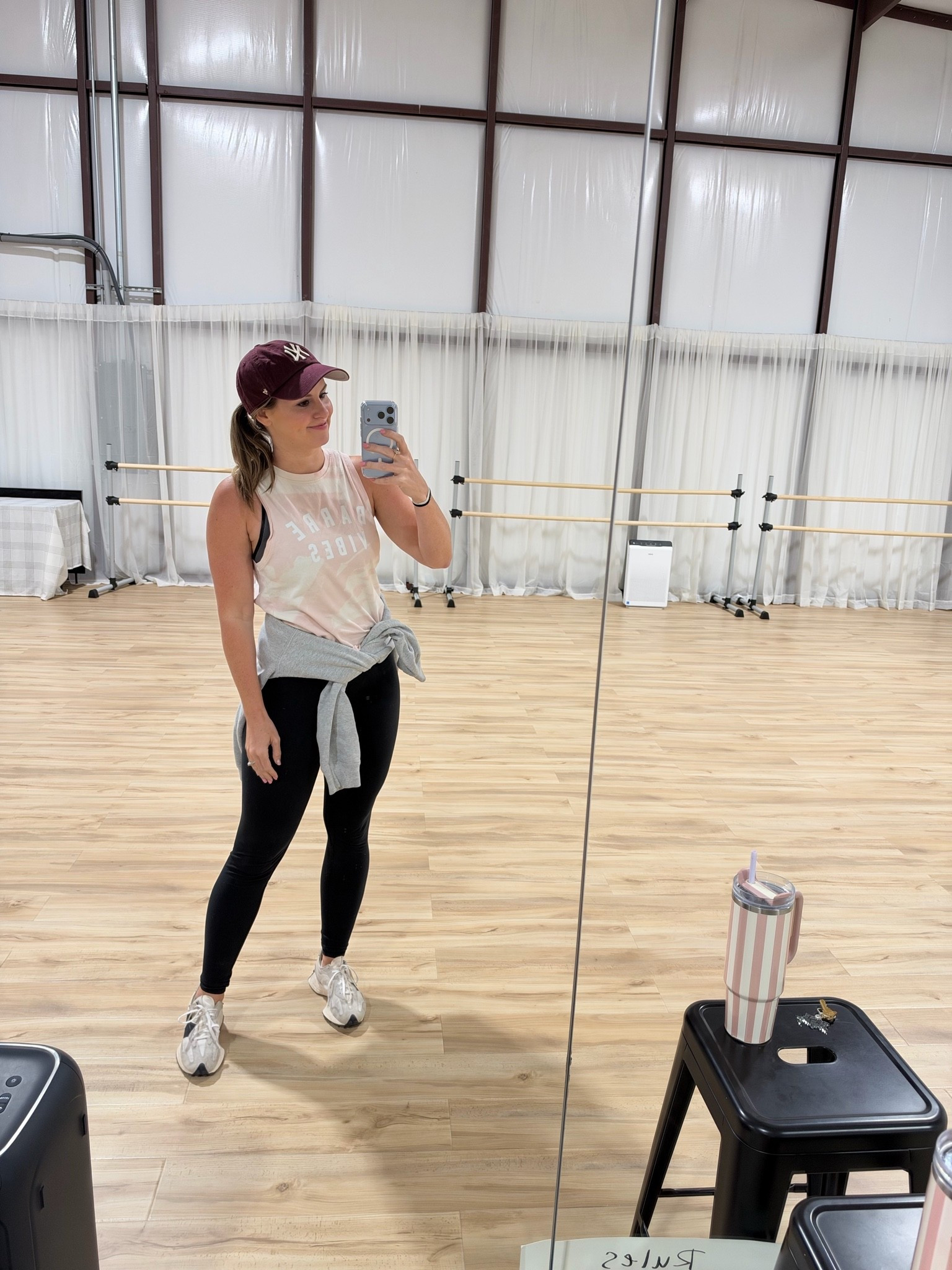 What I wore teaching workouts today! Barre then a hip hop class!!

Workout clothes, black leggings, sweatshirt