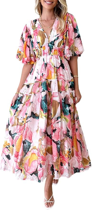 Sissyaki Women's Boho Floral Midi Dress Smocked Beach Flowy Dress | Amazon (US)