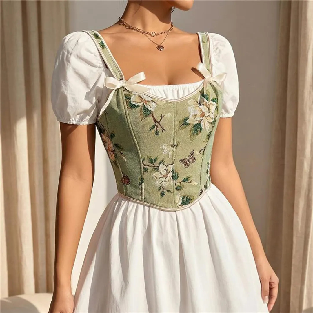 Sage Green Floral Corset, Textured Butterfly Print, Bustier with Bow Straps for Cottagecore | Etsy (US)